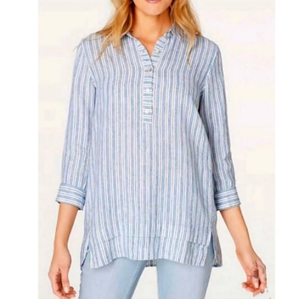 J.JILL Love Linen Blue & White Tahitian Stripe Popover Top Beach Coastal Size M